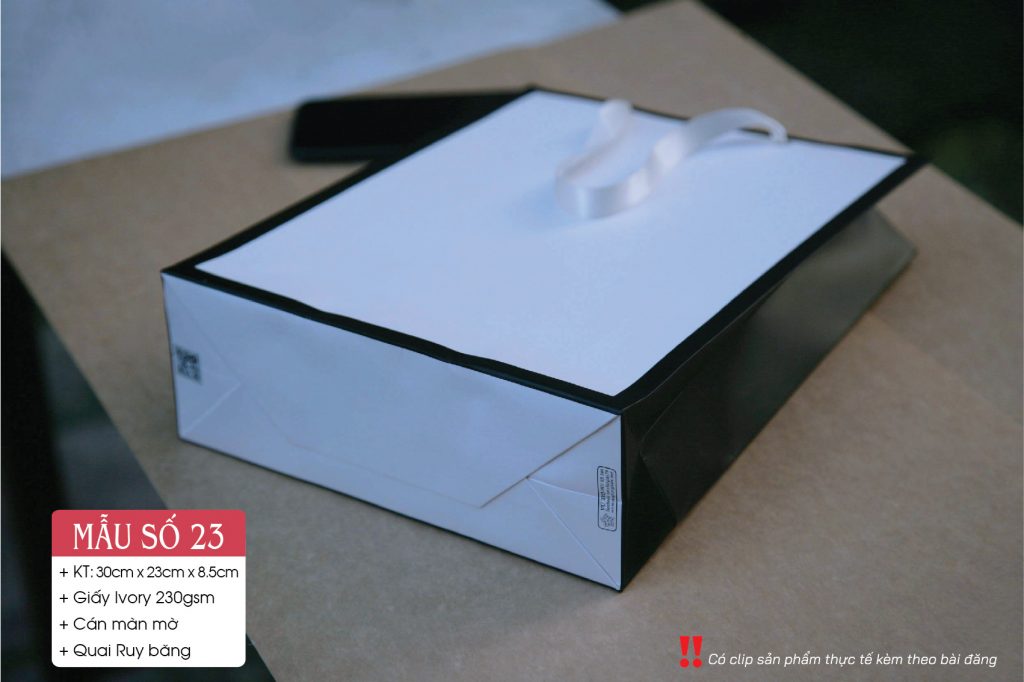 Túi giấy quà tặng, white paper bags for office dây ruy băng do Cty Vũ Thị sản xuất